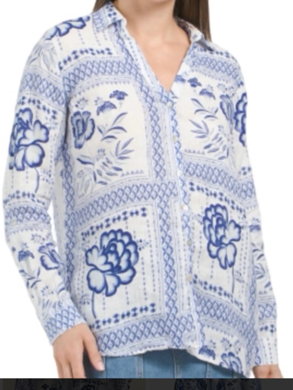 H By Halston 100% linen Blue and White Floral Button-Front longsleeve Top 1X